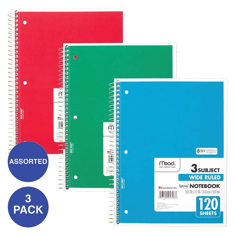 Mead Spiral Notebooks, 3 Subject, Wide Ruled Paper, 120 Sheets, 10-1/2" x 7-1/2", Red, Green, Blue, 3 Pack (73179) - Image 2